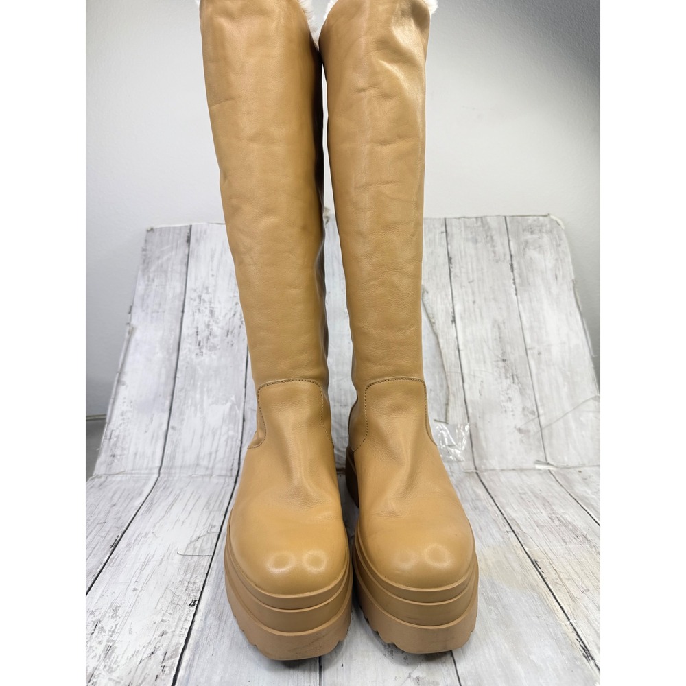 RED Valentino Tan Leather Shearling Trim Platform Tall Boots